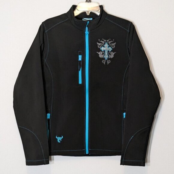 COWGIRL HARDWARE, Black Western Slim Fit Jacket; Bling Cross; Teal Trim; Size L - Picture 1 of 6